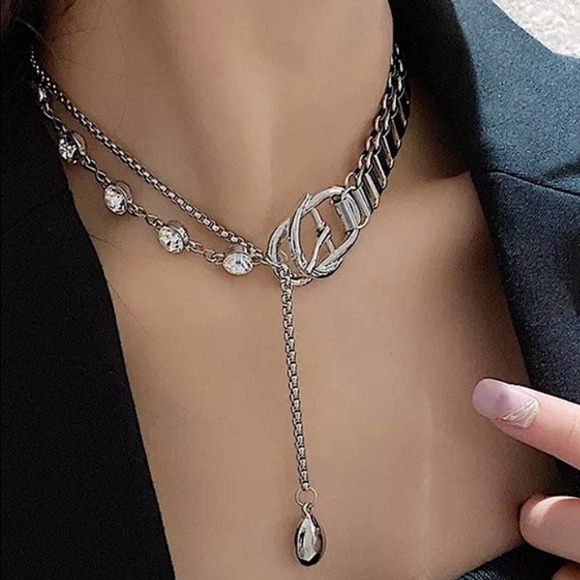 WHITE GOLD PLATED BUCKLE PUNK CHAIN RHINESTONE DROP CHOKER NECKLACE - Picture 4 of 9